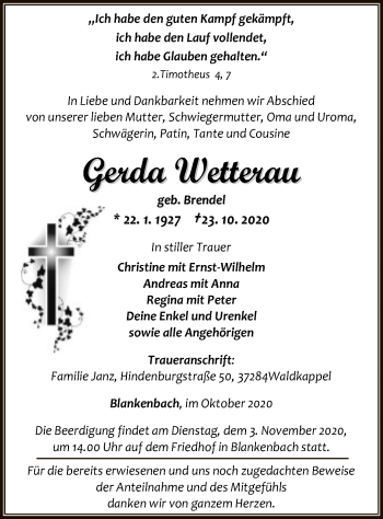 Traueranzeige von Gerda Wetterau von WRS