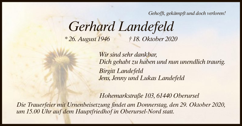  Traueranzeige für Gerhard Landefeld vom 24.10.2020 aus WRS