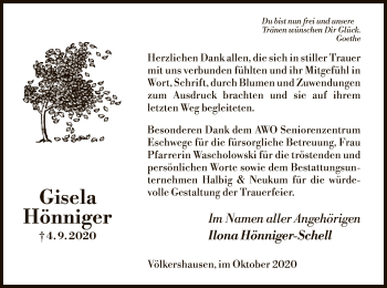 Traueranzeige von Gisela Hönniger von WRS