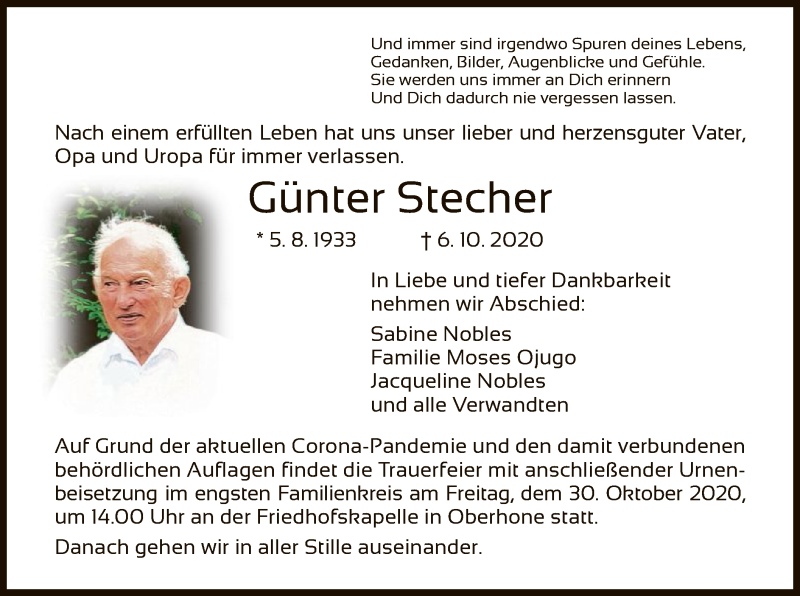  Traueranzeige für Günter Stecher vom 17.10.2020 aus WRS