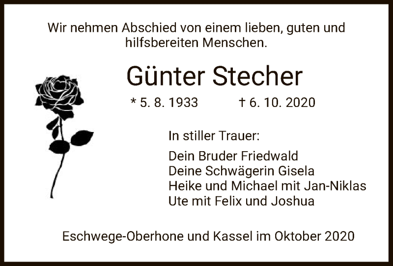  Traueranzeige für Günter Stecher vom 14.10.2020 aus HNA