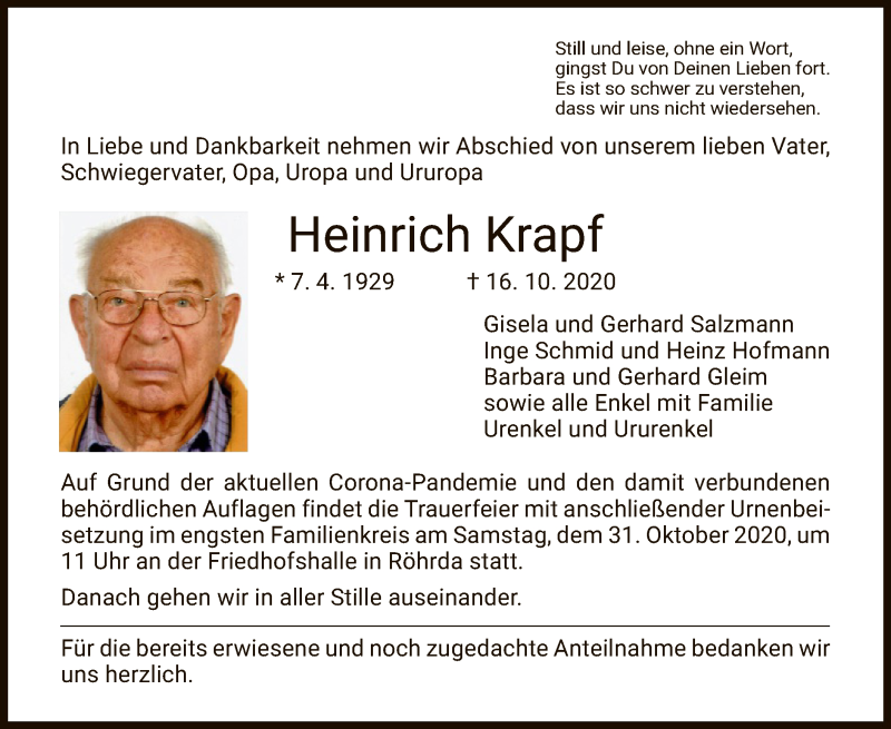  Traueranzeige für Heinrich Krapf vom 28.10.2020 aus WRS