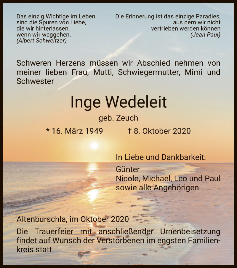  Traueranzeige für Inge Wedeleit vom 16.10.2020 aus WRS