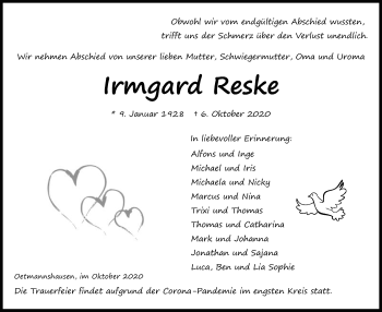 Traueranzeige von Irmgard Reske von WRS