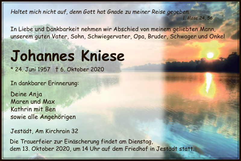  Traueranzeige für Johannes Kniese vom 10.10.2020 aus WRS