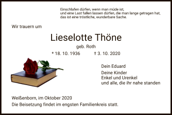 Traueranzeige von Lieselotte Thöne von WRS