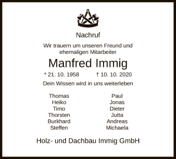 Traueranzeige von Manfred Immig von HNA