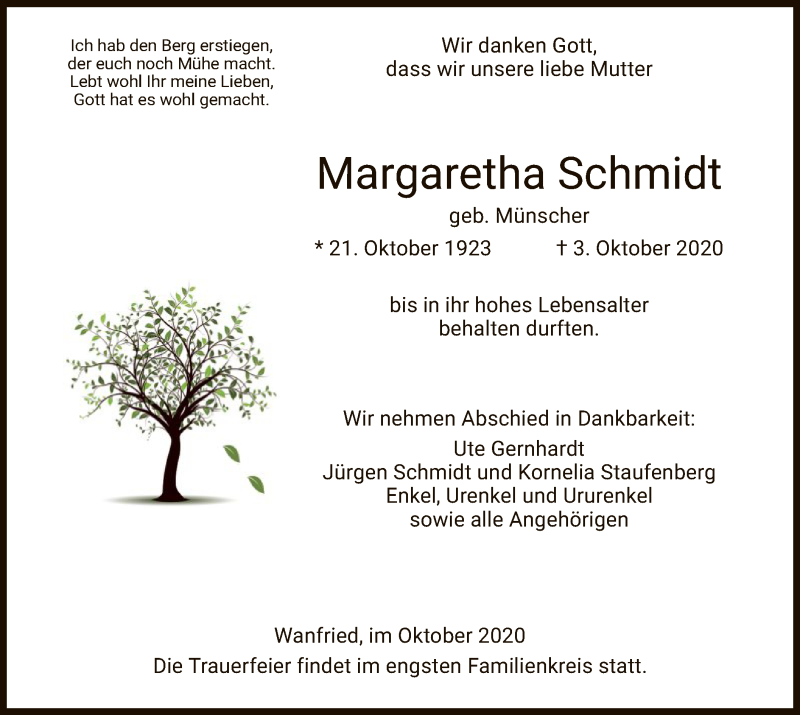  Traueranzeige für Margaretha Schmidt vom 10.10.2020 aus WRS