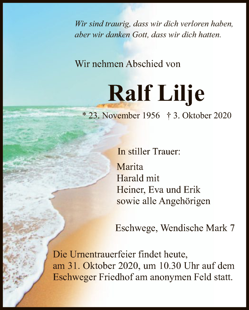  Traueranzeige für Ralf Lilje vom 31.10.2020 aus WRS