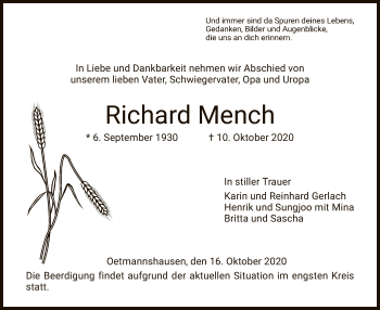 Traueranzeige von Richard Mench von WRS