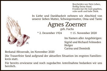 Traueranzeige von Agnes Zoerner von WRS