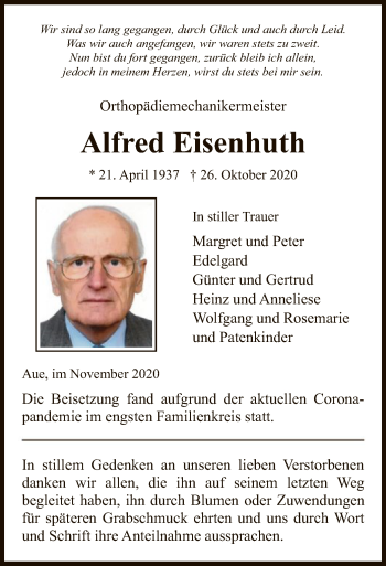 Traueranzeige von Alfred Eisenhuth von WRS