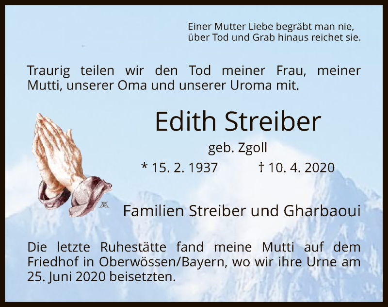  Traueranzeige für Edith Streiber vom 21.11.2020 aus WRS