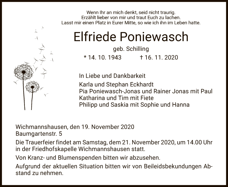  Traueranzeige für Elfriede Poniewasch vom 19.11.2020 aus WRS