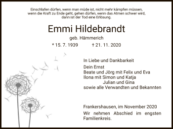 Traueranzeige von Emmi Hildebrandt von WRS