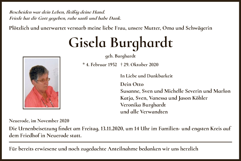  Traueranzeige für Gisela Burghardt vom 11.11.2020 aus WRS