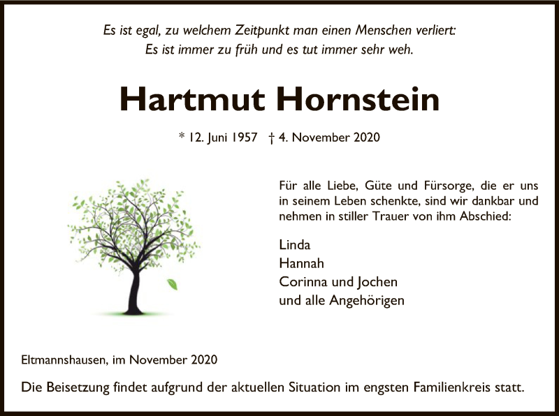 Traueranzeige für Hartmut Hornstein vom 14.11.2020 aus WRS