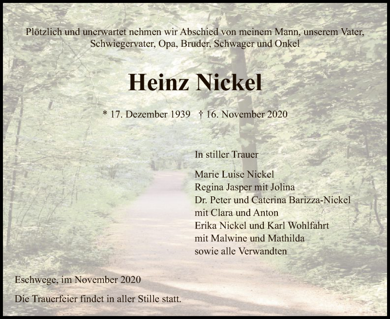  Traueranzeige für Heinz Nickel vom 21.11.2020 aus WRS