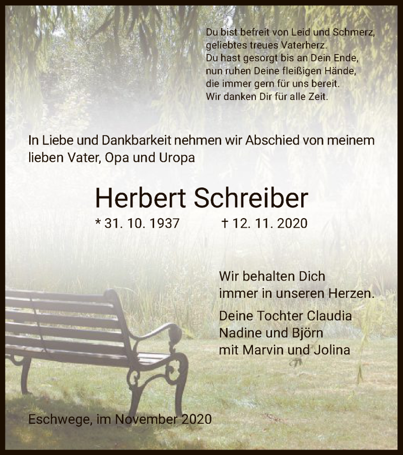  Traueranzeige für Herbert Schreiber vom 18.11.2020 aus WRS