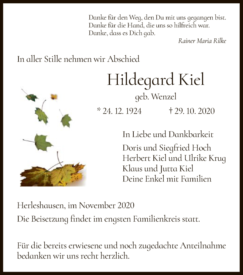  Traueranzeige für Hildegard Kiel vom 07.11.2020 aus WRS