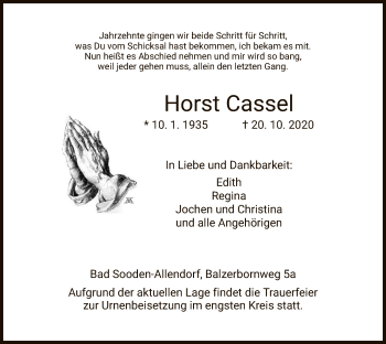 Traueranzeige von Horst Cassel von WRS