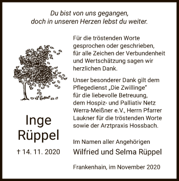 Traueranzeige von Inge Rüppel von WRS