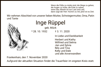 Traueranzeige von Inge Rüppel von WRS