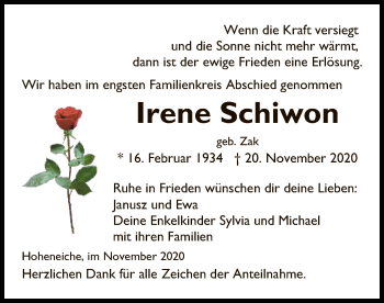 Traueranzeige von Irene Schiwon von WRS