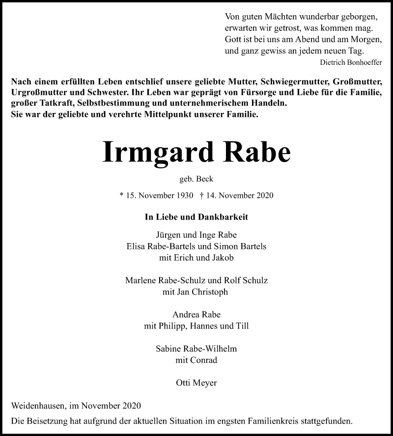  Traueranzeige für Irmgard Rabe vom 21.11.2020 aus WRS