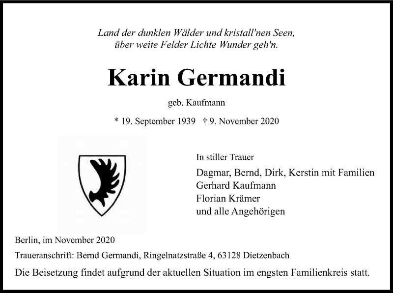  Traueranzeige für Karin Germandi vom 18.11.2020 aus WRS