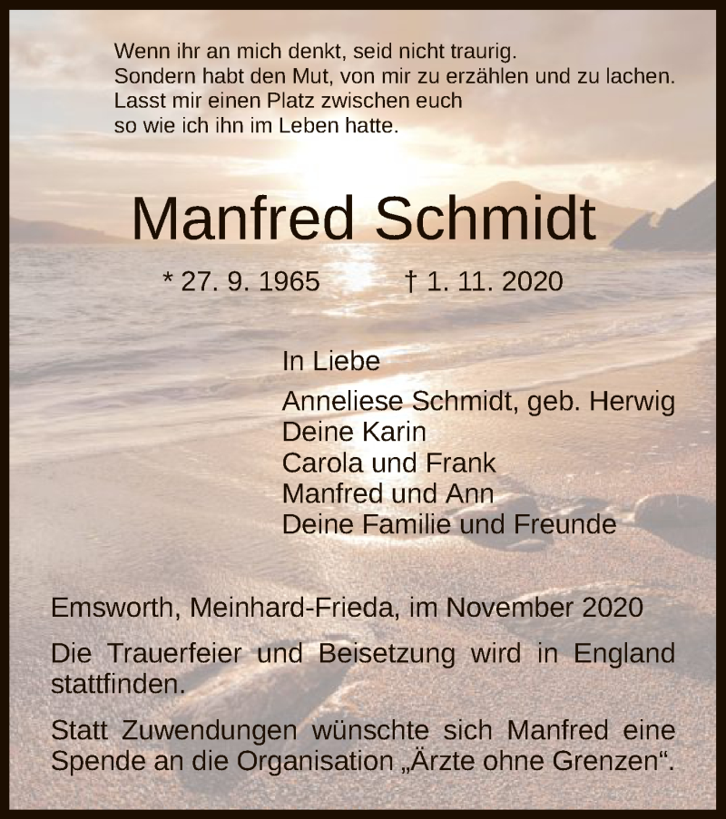  Traueranzeige für Manfred Schmidt vom 11.11.2020 aus WRS