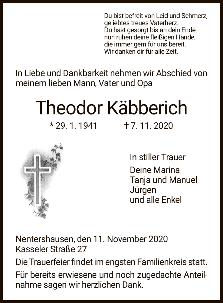  Traueranzeige für Theodor Käbberich vom 11.11.2020 aus WRS