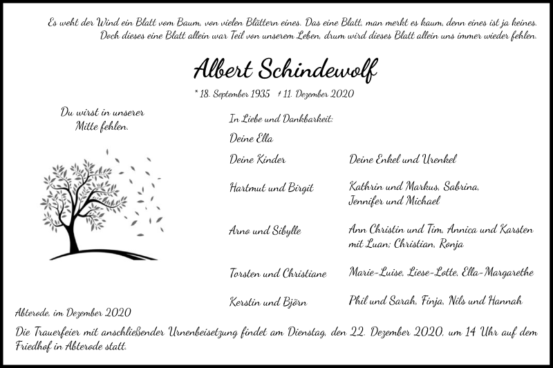  Traueranzeige für Albert Schindewolf vom 19.12.2020 aus WRS