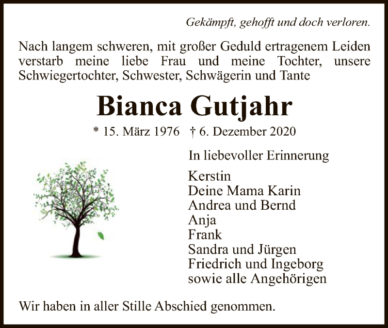  Traueranzeige für Bianca Gutjahr vom 12.12.2020 aus WRS