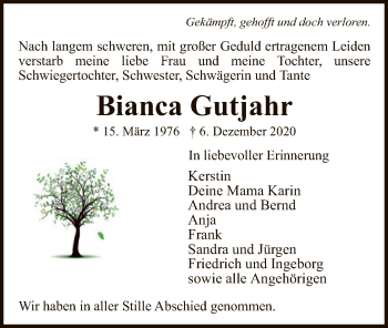 Traueranzeige von Bianca Gutjahr von WRS