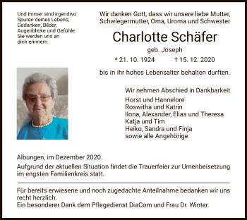 Traueranzeige von Charlotte Schäfer von WRS