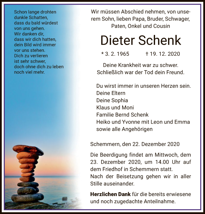  Traueranzeige für Dieter Schenk vom 22.12.2020 aus WRS