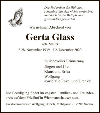 Traueranzeige von Gerta Glass von WRS