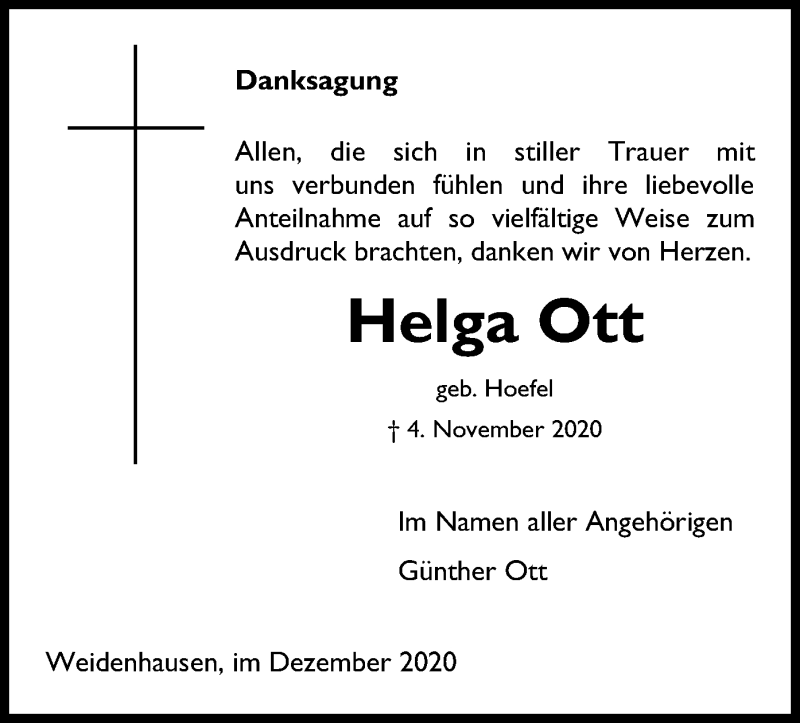  Traueranzeige für Helga Ott vom 12.12.2020 aus WRS