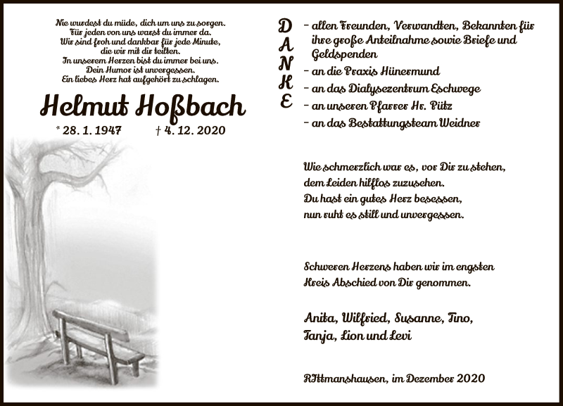  Traueranzeige für Helmut Hoßbach vom 30.12.2020 aus WRS