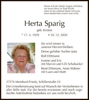 Traueranzeige von Herta Sparig von WRS