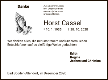 Traueranzeige von Horst Cassel von HNA