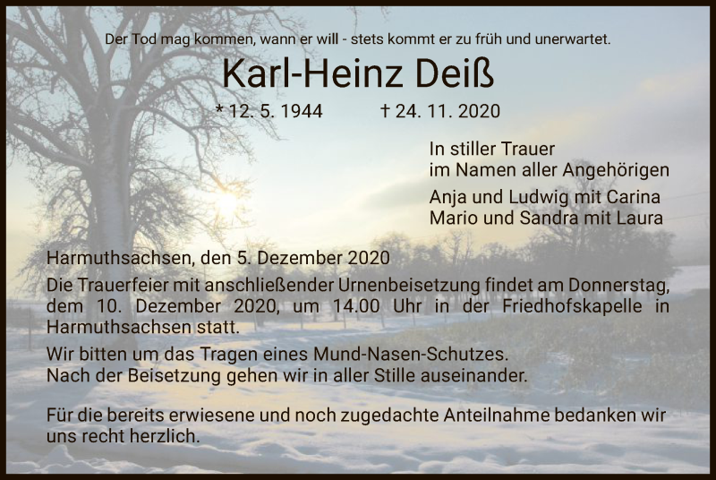  Traueranzeige für Karl-Heinz Deiß vom 05.12.2020 aus WRS