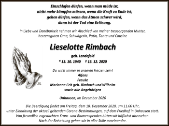 Traueranzeige von Lieselotte Rimbach von WRS