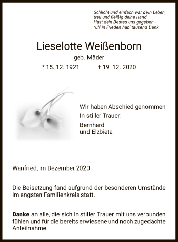 Traueranzeige von Lieselotte Weißenborn von WRS