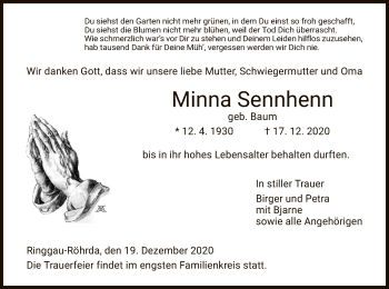 Traueranzeige von Minna Sennhenn von WRS