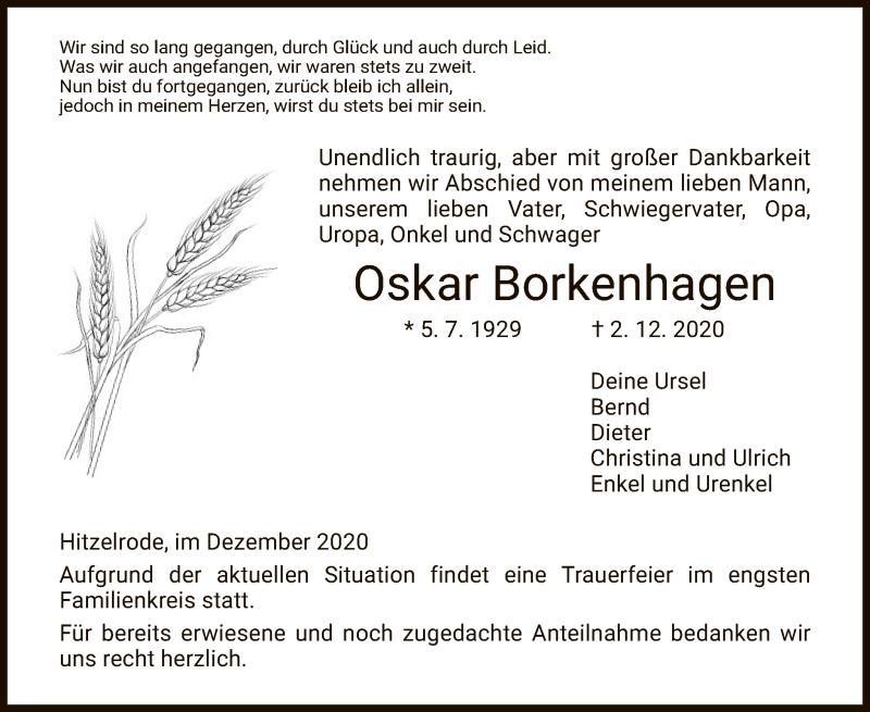  Traueranzeige für Oskar Borkenhagen vom 05.12.2020 aus WRS