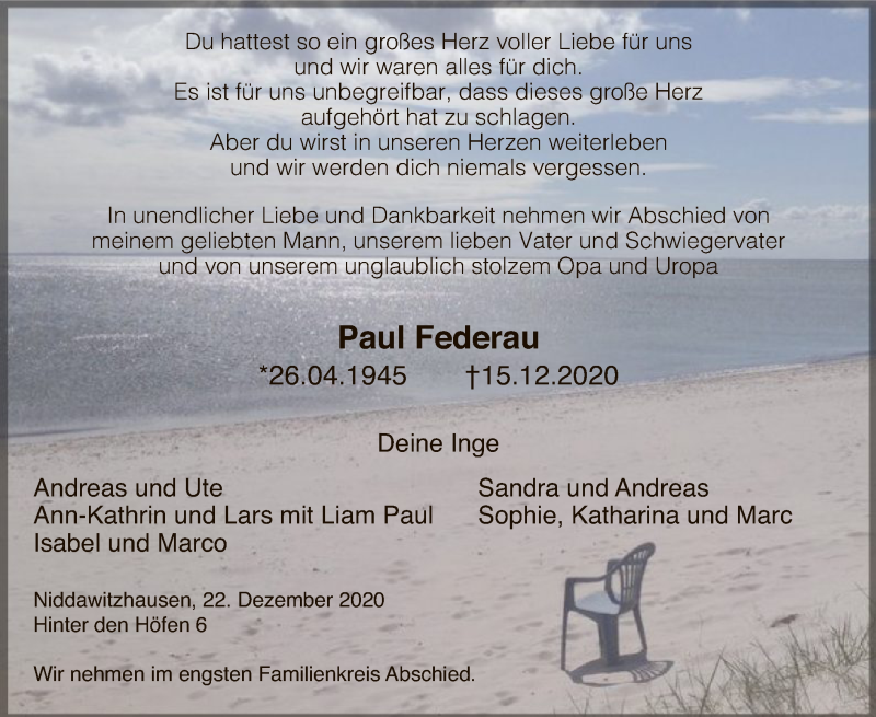  Traueranzeige für Paul Federau vom 22.12.2020 aus WRS