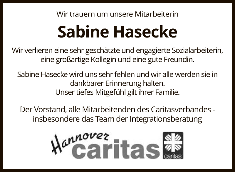  Traueranzeige für Sabine Hasecke vom 31.12.2020 aus WRS