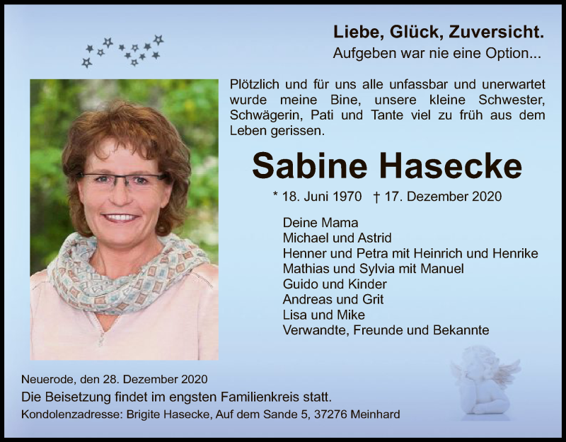  Traueranzeige für Sabine Hasecke vom 28.12.2020 aus WRS